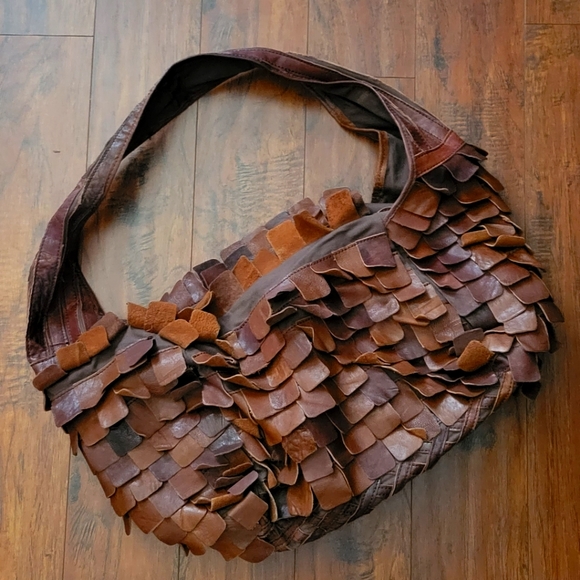 JESSLYN BLAKE Pieced Leather Large Hobo Handbag-SHAGGY - Picture 1 of 8